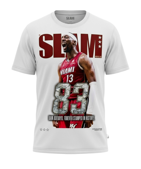 The Bam Adebayo SLAM Cover Tee by SLAM features Bam Adebayo in a Miami Heat jersey, inspired by his SLAM 261 cover. Bold red SLAM and 