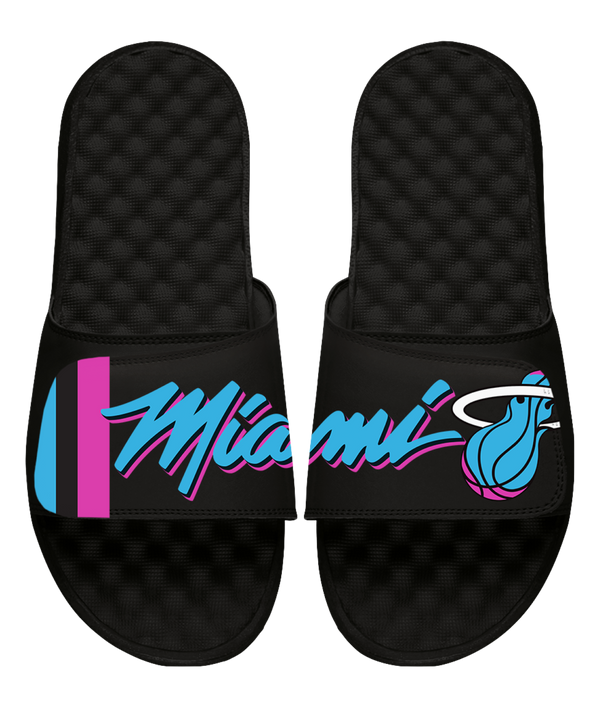 The ISlide Miami HEAT Original Vice Nights Split Sandals feature black adjustable straps with 