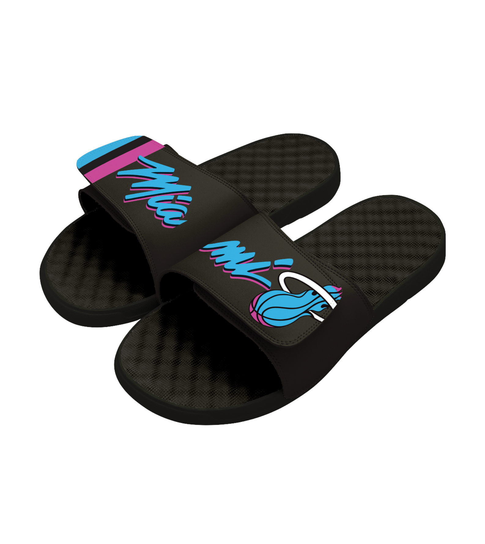 The ISlide Miami HEAT Original Vice Nights Split Sandals by ISlide feature black soles and adjustable straps with blue, pink, and white graphic designs, including stylized text and a cartoon face—ideal as recovery footwear.