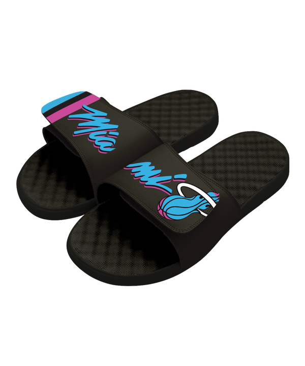 The ISlide Miami HEAT Original Vice Nights Split Sandals feature black adjustable straps with 