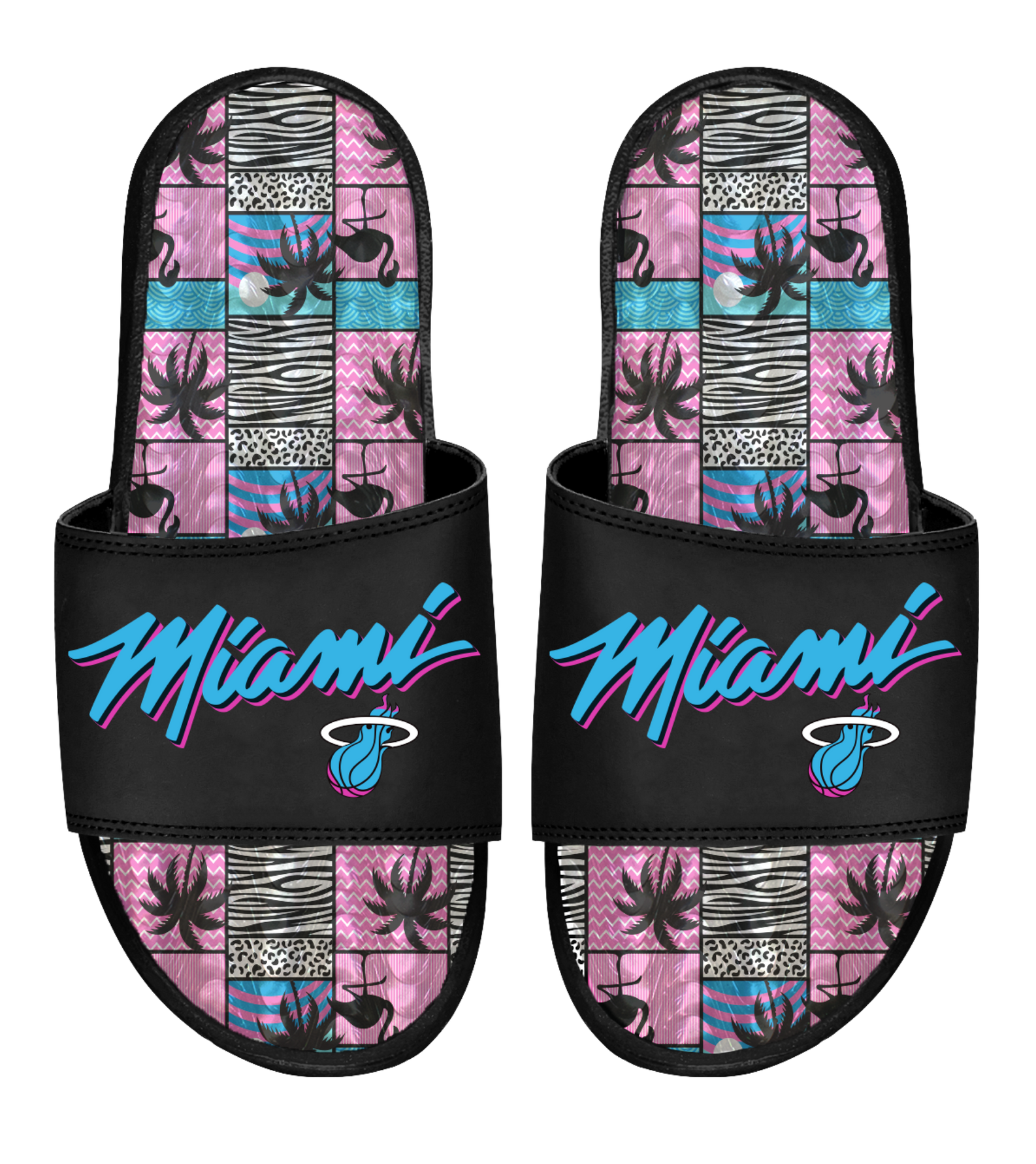 Step into comfort with ISlide Miami HEAT Original Vice Nights Black Palm Gel Sandals, featuring black adjustable straps with 