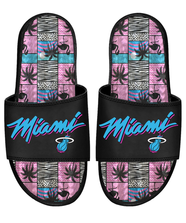 Step into comfort with ISlide Miami HEAT Original Vice Nights Black Palm Gel Sandals, featuring black adjustable straps with 