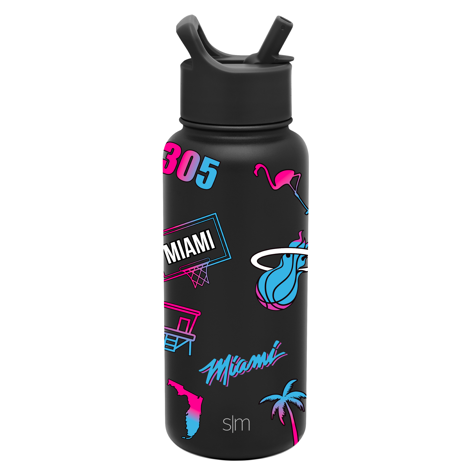 The Simple Modern Miami HEAT Original Vice Nights Bottle is a 32oz black, vacuum-insulated water bottle featuring vibrant pink, blue, and white Miami-themed neon designs: a flamingo, palm tree, basketball hoop, “305,” “Miami,” and Florida’s outline.