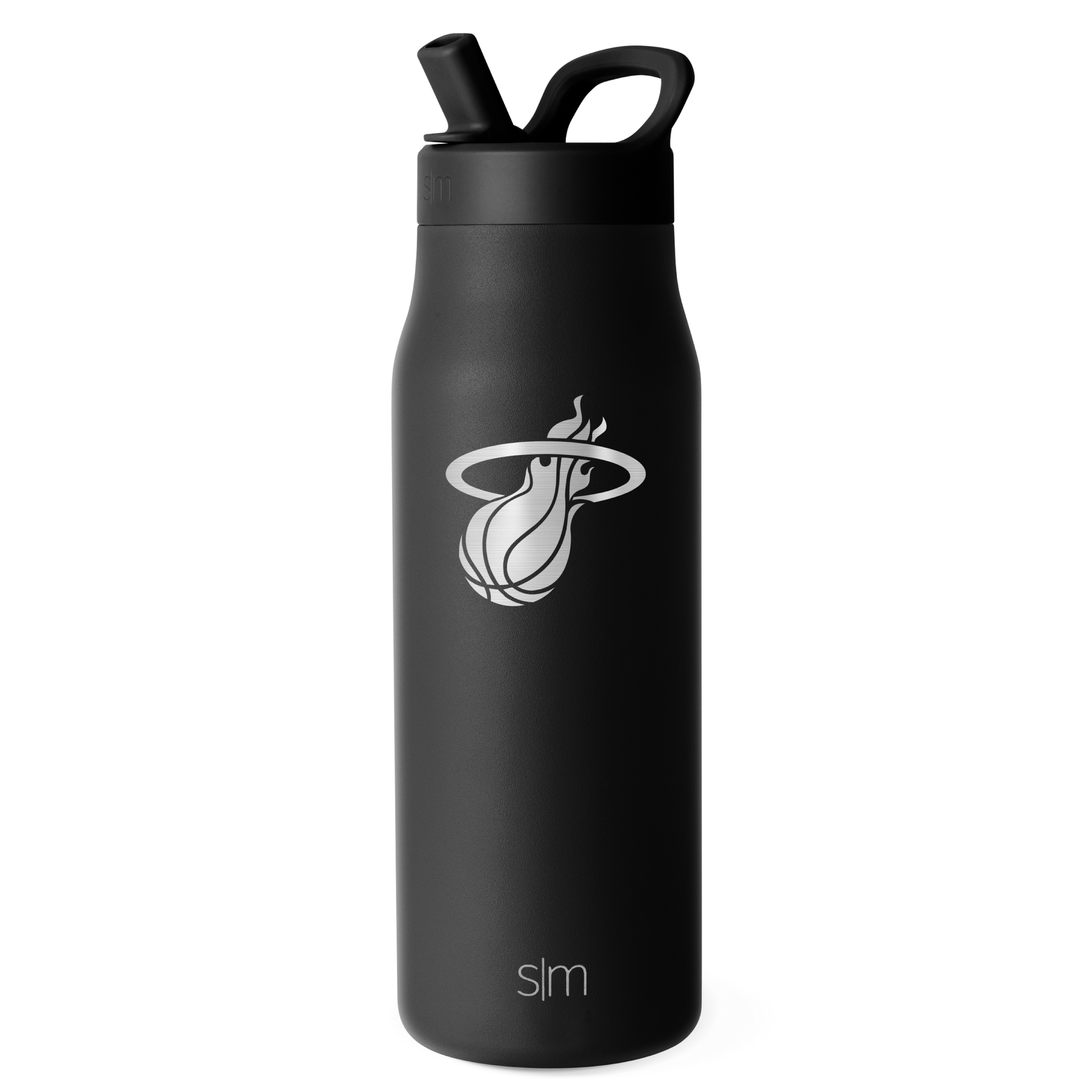 A Simple Modern Miami HEAT Black 34oz Engraved Bottle featuring double wall insulation and a straw lid, with a white Miami Heat basketball logo and the initials ‘slm’ near the base.