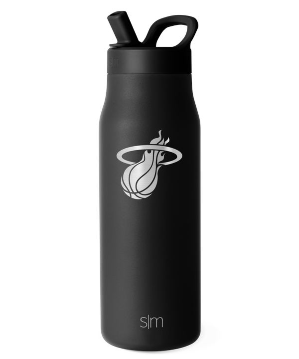 A Simple Modern Miami HEAT Black 34oz Engraved Bottle featuring double wall insulation and a straw lid, with a white Miami Heat basketball logo and the initials ‘slm’ near the base.