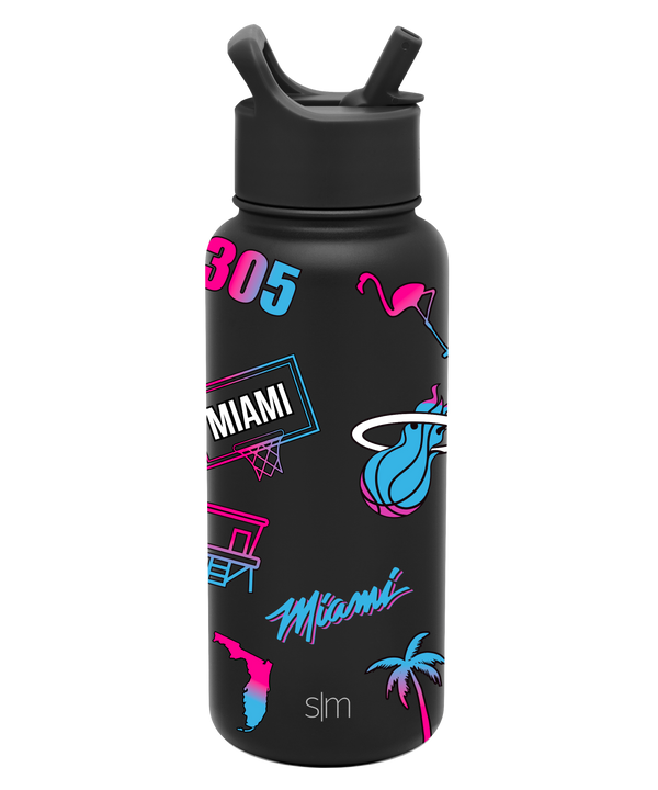 The Simple Modern Miami HEAT Original Vice Nights Bottle is a 32oz black, vacuum-insulated water bottle featuring vibrant pink, blue, and white Miami-themed neon designs: a flamingo, palm tree, basketball hoop, “305,” “Miami,” and Florida’s outline.