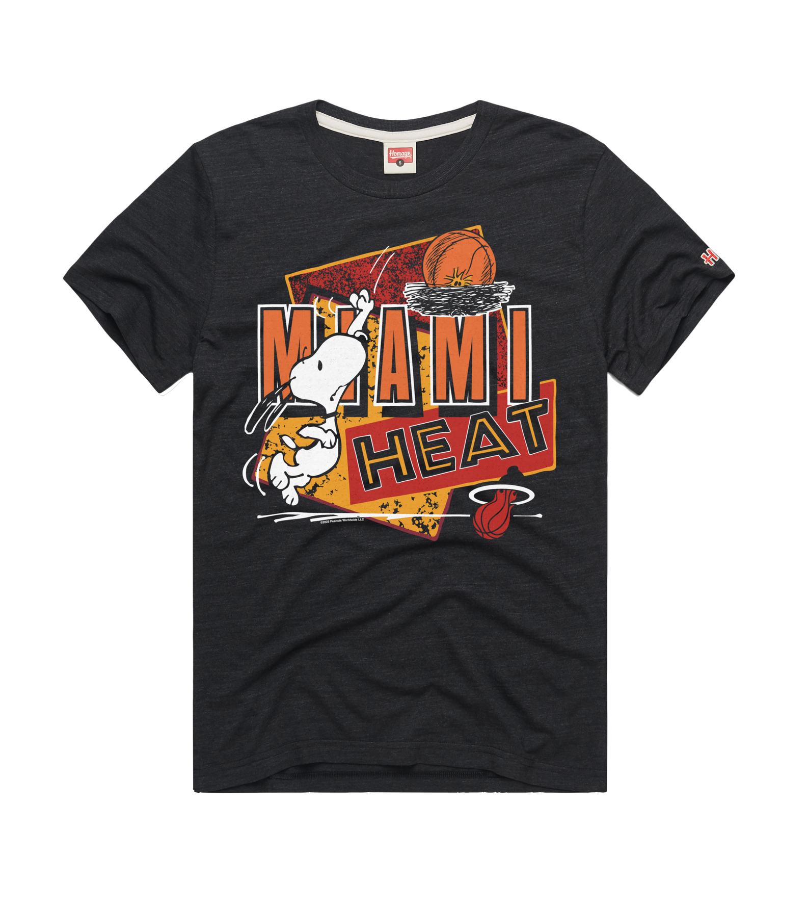 The Homage Miami HEAT Snoopy Tee by Homage is a black T-shirt featuring Snoopy dunking, bold orange and yellow MIAMI HEAT text, a hoop, the Miami Heat logo on the lower right, and made from a soft poly-cotton-rayon blend.