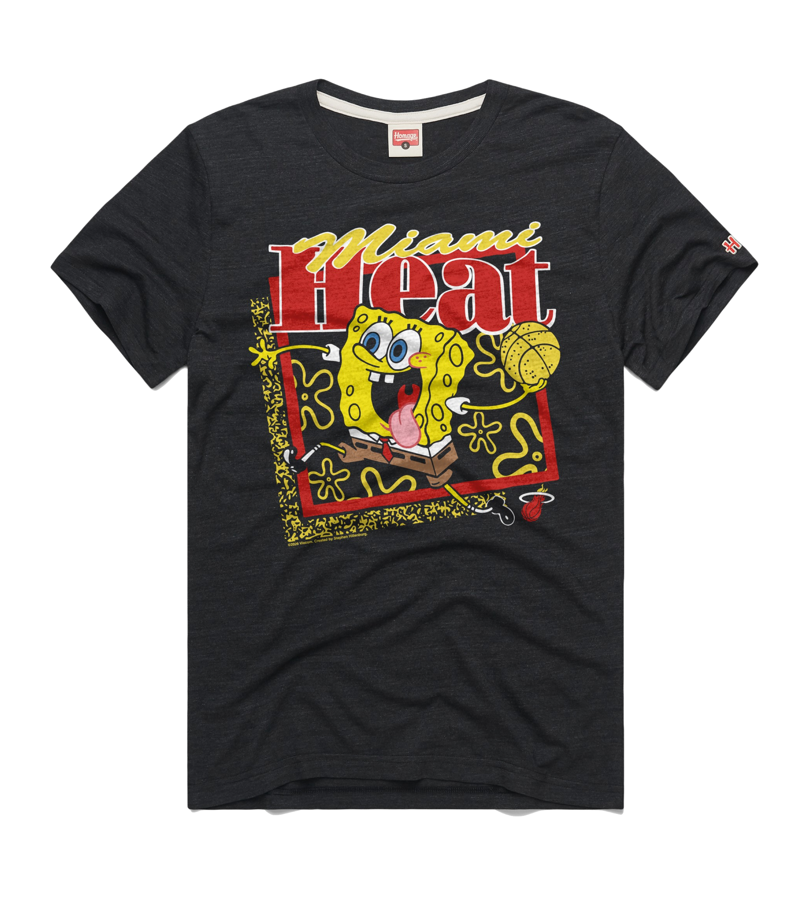 Homage Miami HEAT Black Spongebob Tee: a black crew neck cotton t-shirt featuring a graphic of SpongeBob SquarePants playing basketball with the text Miami Heat.