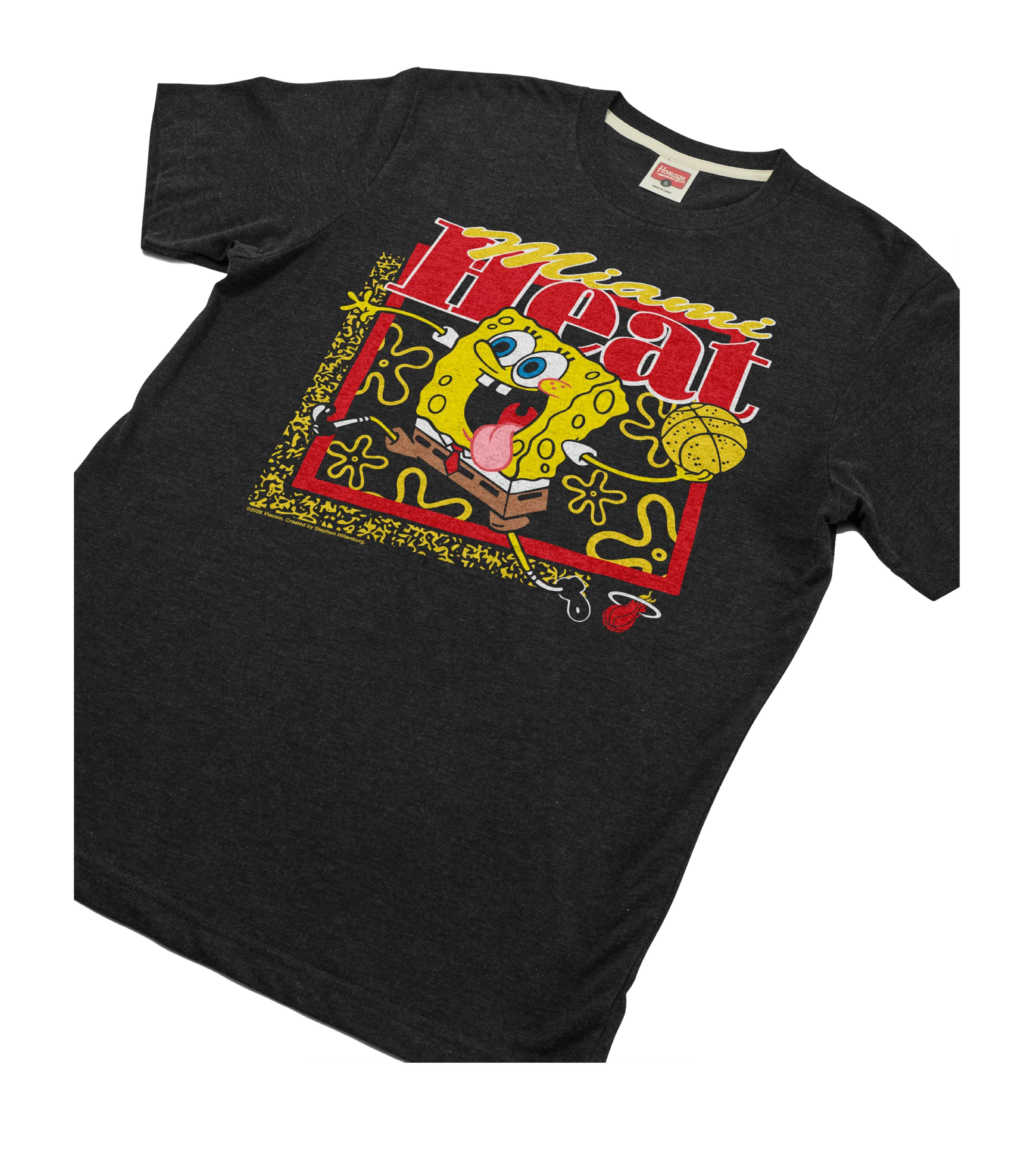 Homage Miami HEAT Black Spongebob Tee in charcoal grey cotton-blend, featuring a graphic of SpongeBob SquarePants playing basketball with the text Miami Heat.