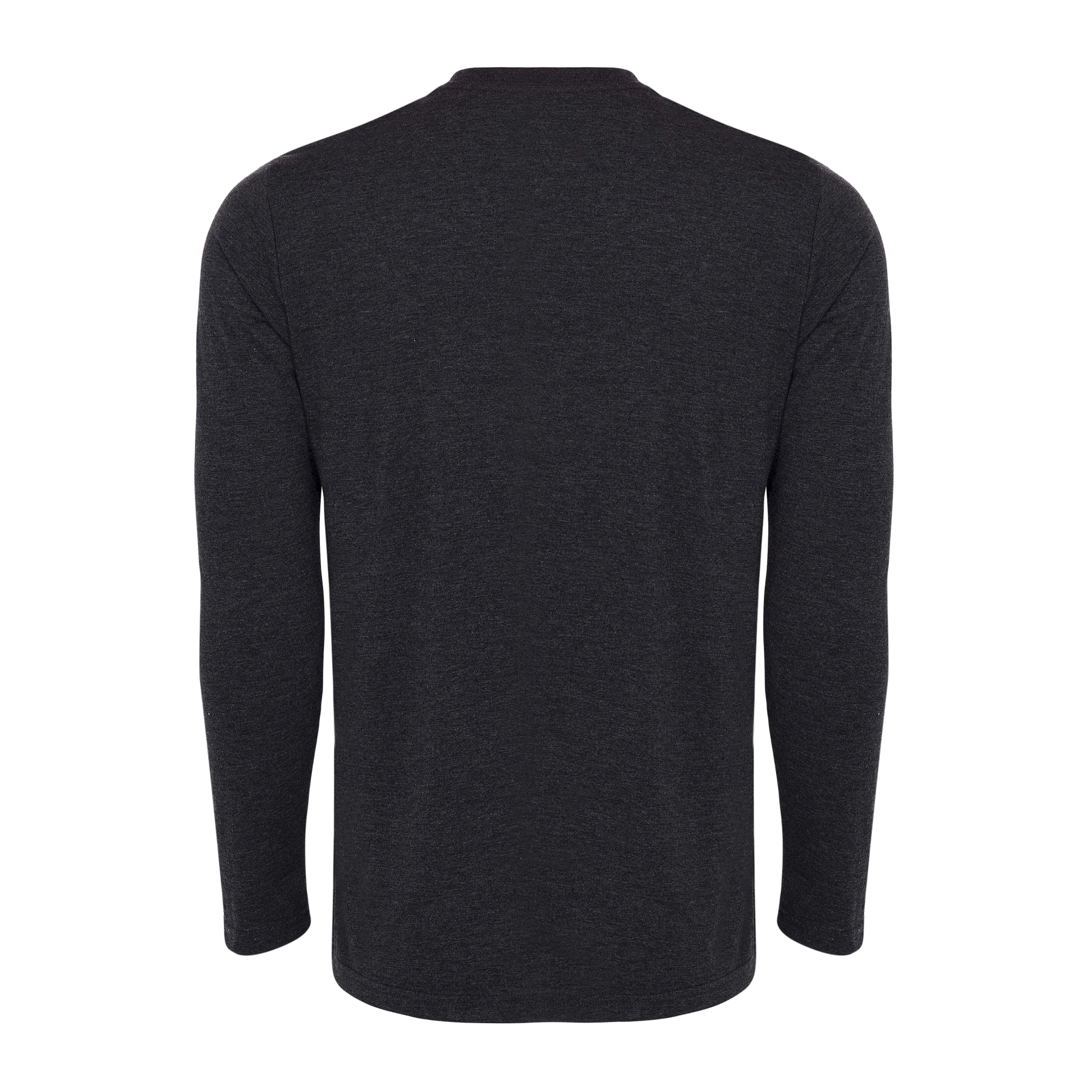 The Sportiqe Miami HEAT NBA Long Sleeve Tee is shown from the back in dark gray with a standard fit. Made by Sportiqe, it features a soft polyester-cotton-rayon blend and a simple, logo-free design. Machine washable in cold water.