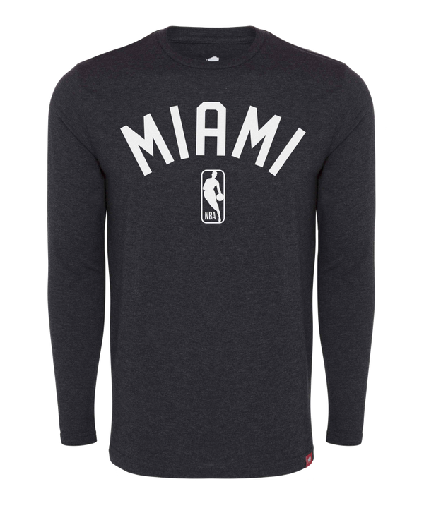 The Sportiqe Miami HEAT NBA Long Sleeve Tee by Sportiqe features a standard fit, soft polyester cotton rayon fabric, MIAMI in bold white letters on the chest, and the NBA logo below. For best care, machine wash cold.