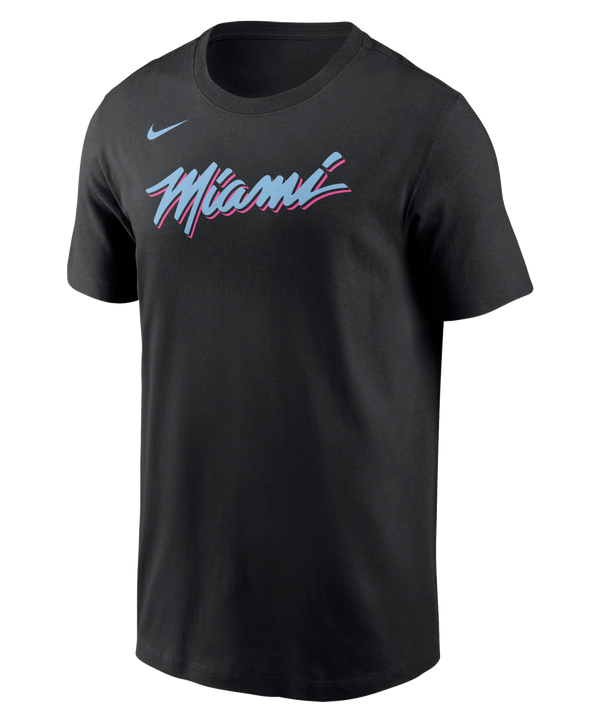 The Nike Miami HEAT Original Vice Nights Legend Tee is a black, standard-fit polyester t-shirt with 