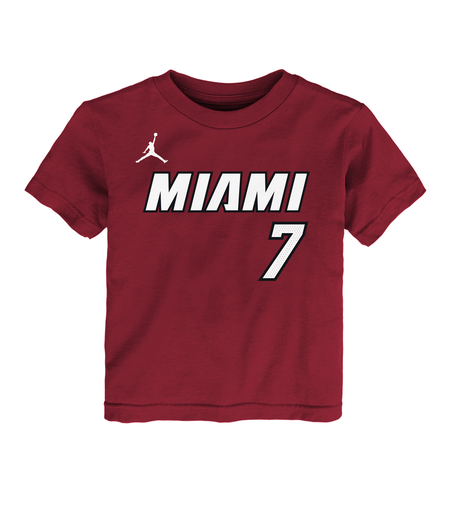 Dress your little one in the Giannis Antetokounmpo Nike Jordan Brand Statement Red Name & Number Toddler Tee by Nike. This maroon kids’ T-shirt features “MIAMI” in bold white letters, a white number 7, and a white basketball player silhouette logo on the chest. Made from 100% cotton for comfort and durability, this standard-fit tee is easy to care for—simply machine wash cold.