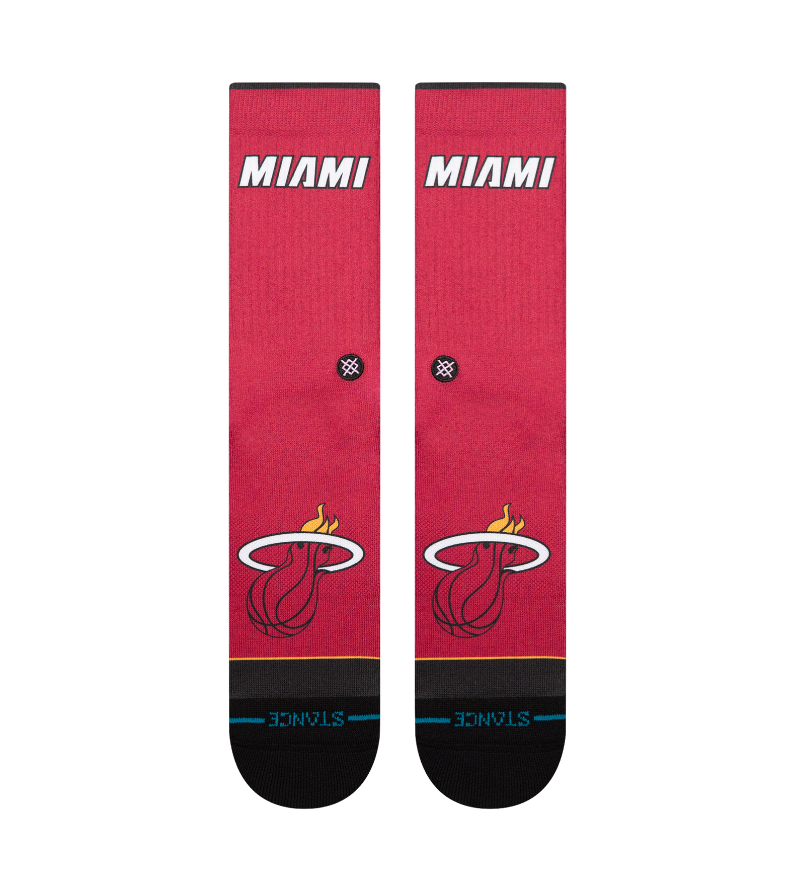 Stance Miami HEAT Statement Red Socks: Red, crew-height socks with mid-cushion comfort, MIAMI at the top, Heat logo near the toes, and STANCE on the black toe area. Made from a soft poly blend for style and support.