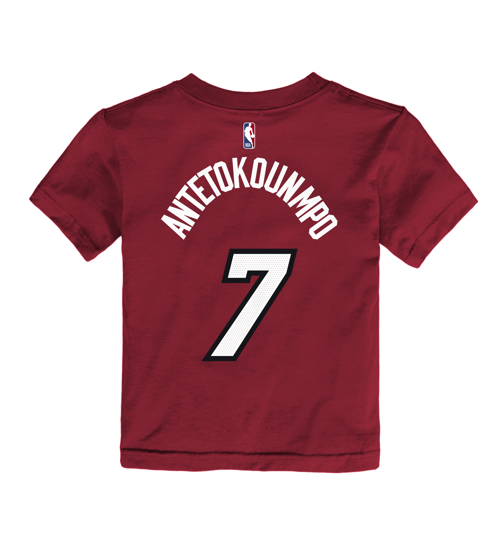 The Giannis Antetokounmpo Nike Jordan Brand Statement Red Name & Number Toddler Tee by Nike features a rich maroon color with ANTETOKOUNMPO and the number 7 in white on the back, topped off with an NBA logo. Made from 100% cotton in a standard fit, this tee is designed for comfort and easy care—just machine wash cold to keep it looking fresh.