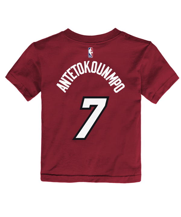Dress your little one in the Giannis Antetokounmpo Nike Jordan Brand Statement Red Name & Number Toddler Tee by Nike. This maroon kids’ T-shirt features “MIAMI” in bold white letters, a white number 7, and a white basketball player silhouette logo on the chest. Made from 100% cotton for comfort and durability, this standard-fit tee is easy to care for—simply machine wash cold.