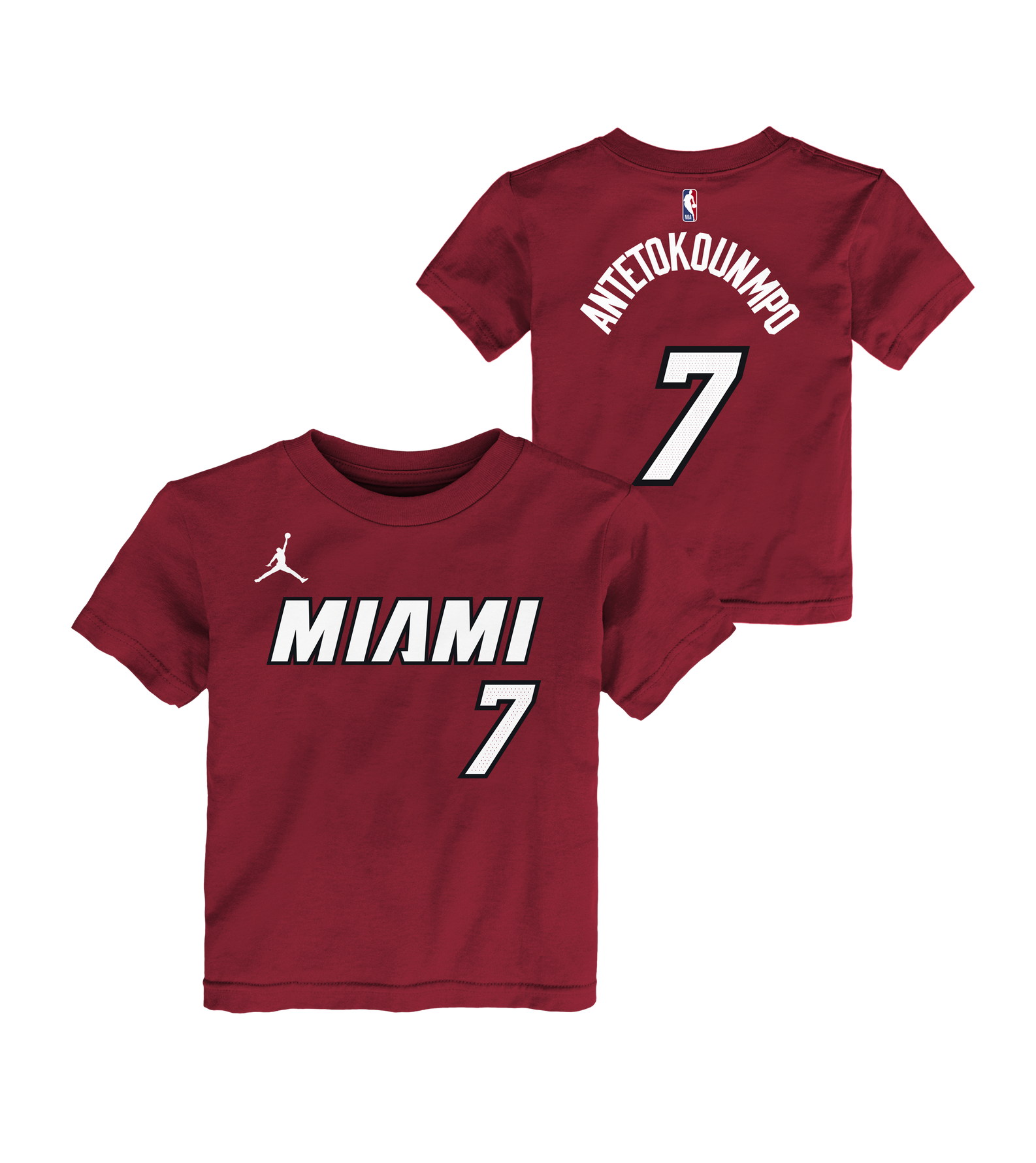 Two Giannis Antetokounmpo Nike Jordan Brand Statement Red Name & Number Toddler Tees, crafted from 100% cotton for lasting comfort and durability. These Nike shirts feature white lettering, a small Jordan logo, and the number 7 on both the front and back, with “Antetokounmpo” displayed above the number on the back. Designed for children in a standard fit that’s easy to care for—simply machine wash cold.