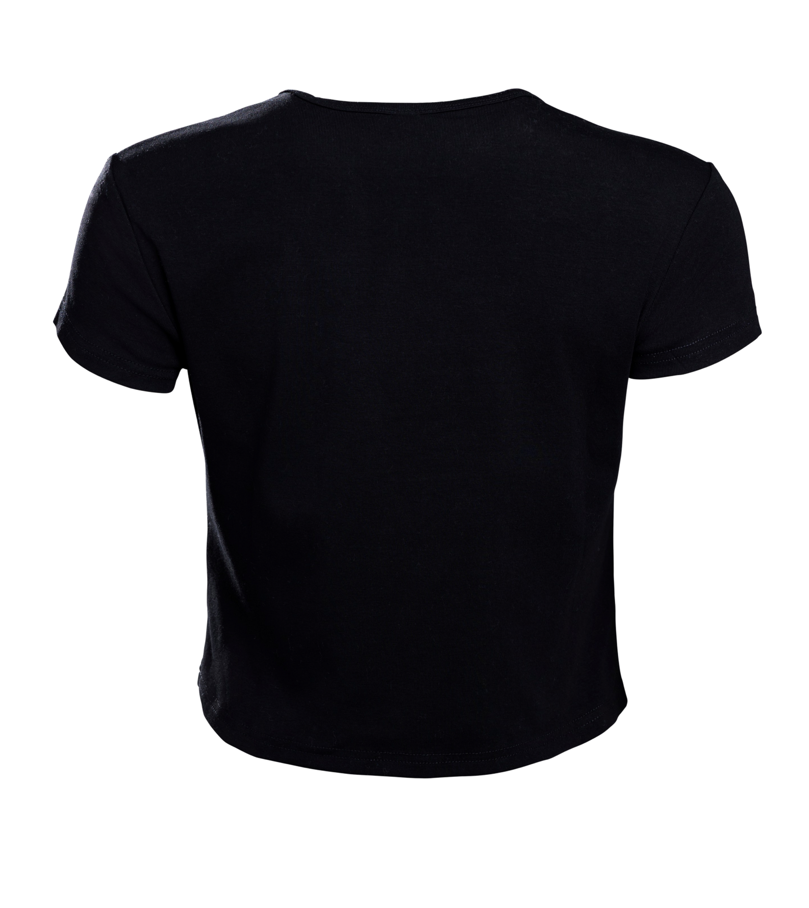 The Court Culture x Hype and Vice Beaded Logo Baby Tee by Court Culture is a plain black cotton cropped short-sleeve t-shirt, shown from the back and displayed on a white background.