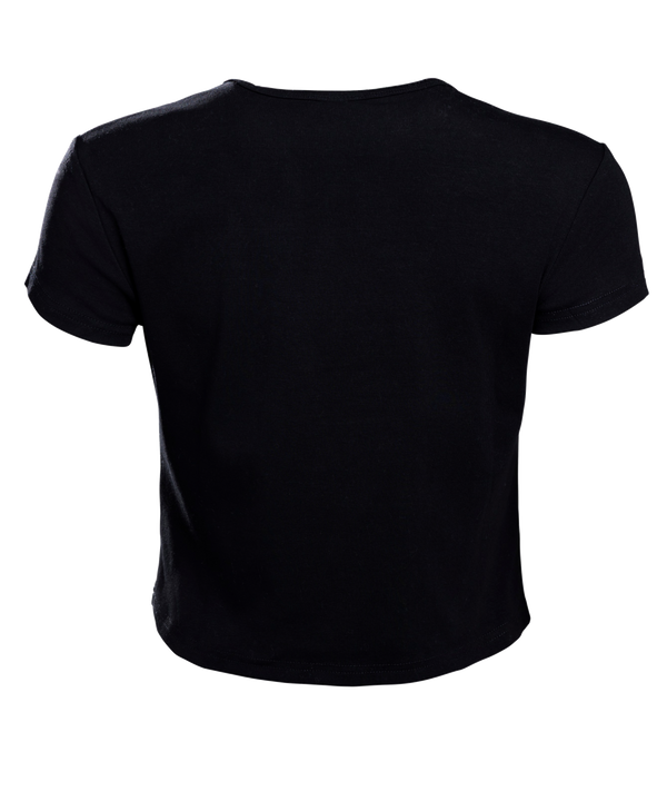 The Court Culture x Hype and Vice Beaded Logo Baby Tee by Court Culture is a black, short-sleeve cotton cropped t-shirt featuring a small Miami Heat flaming basketball logo crafted from red, yellow, and white rhinestones on the chest. Displayed on a plain white background, this machine washable top blends comfort and style for any fan.