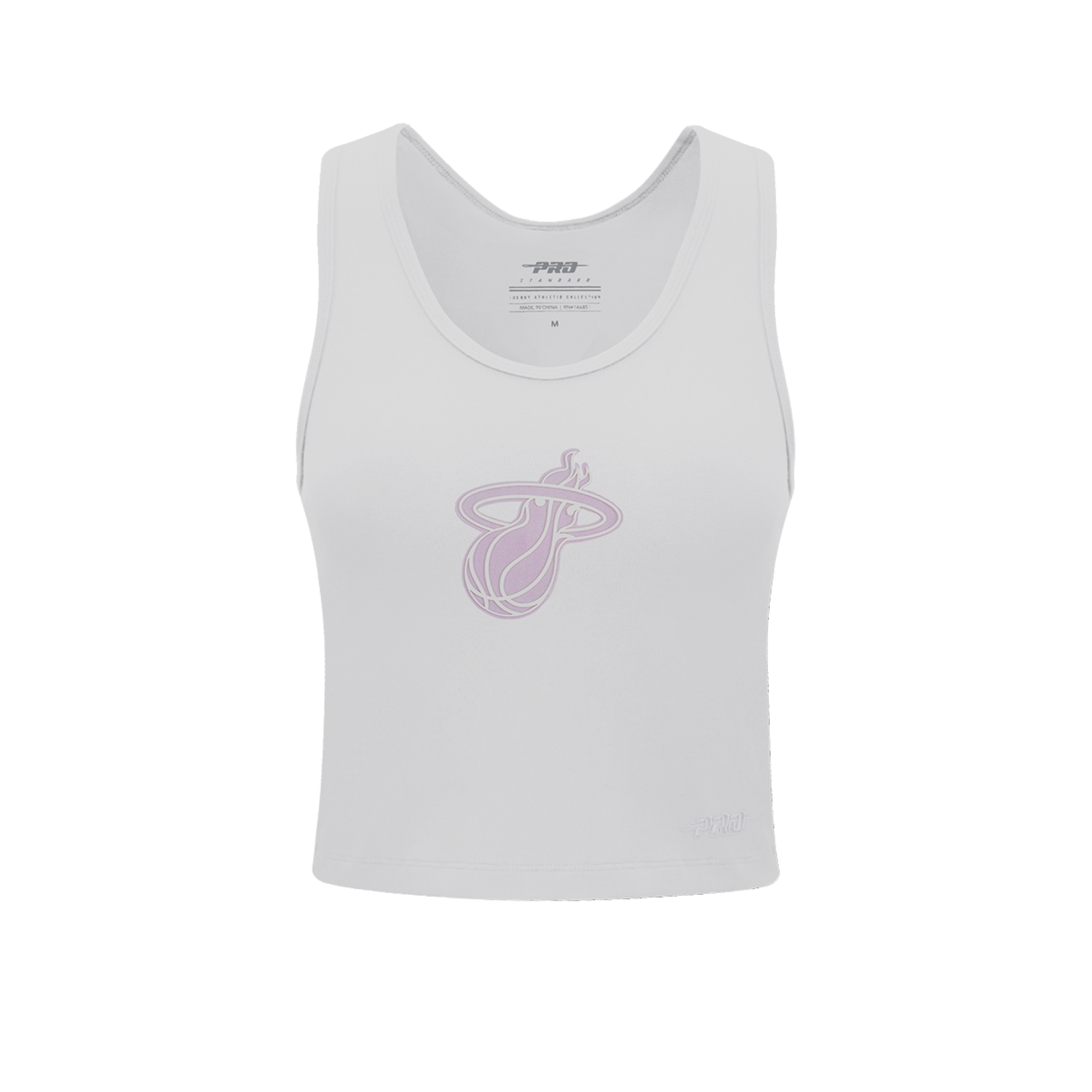 The Pro Standard Miami HEAT Hologram Women's Tank is a white cropped, standard-fit top with a light pink team logo on the front, crafted from a cotton-polyester-spandex blend. Brand: Pro Standard. Shown on a plain white background.