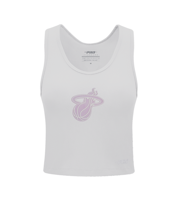 The Pro Standard Miami HEAT Hologram Women's Tank is a white cropped, standard-fit top with a light pink team logo on the front, crafted from a cotton-polyester-spandex blend. Brand: Pro Standard. Shown on a plain white background.