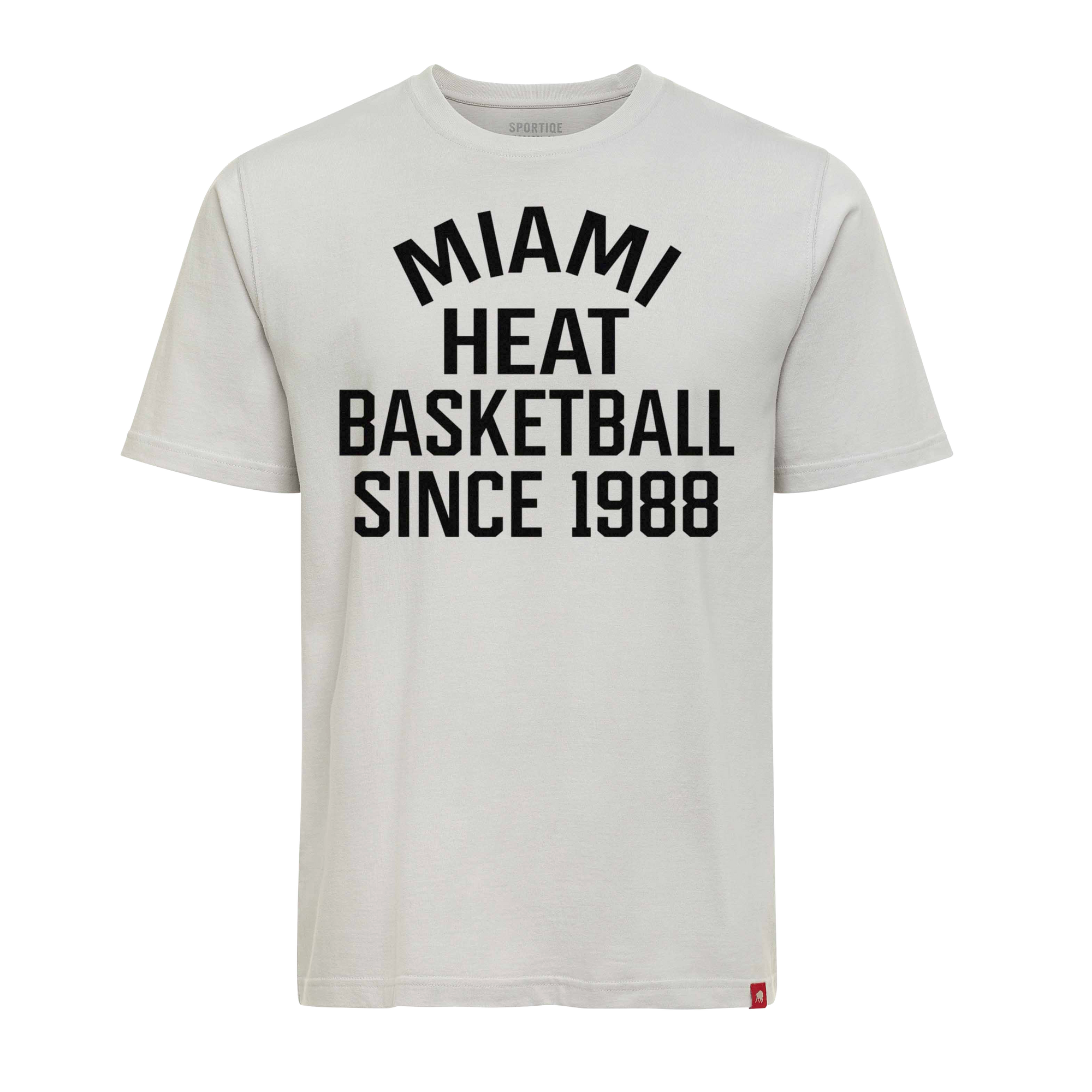The Sportiqe Miami HEAT 1988 Basketball Tee is a white, 100% cotton T-shirt with 