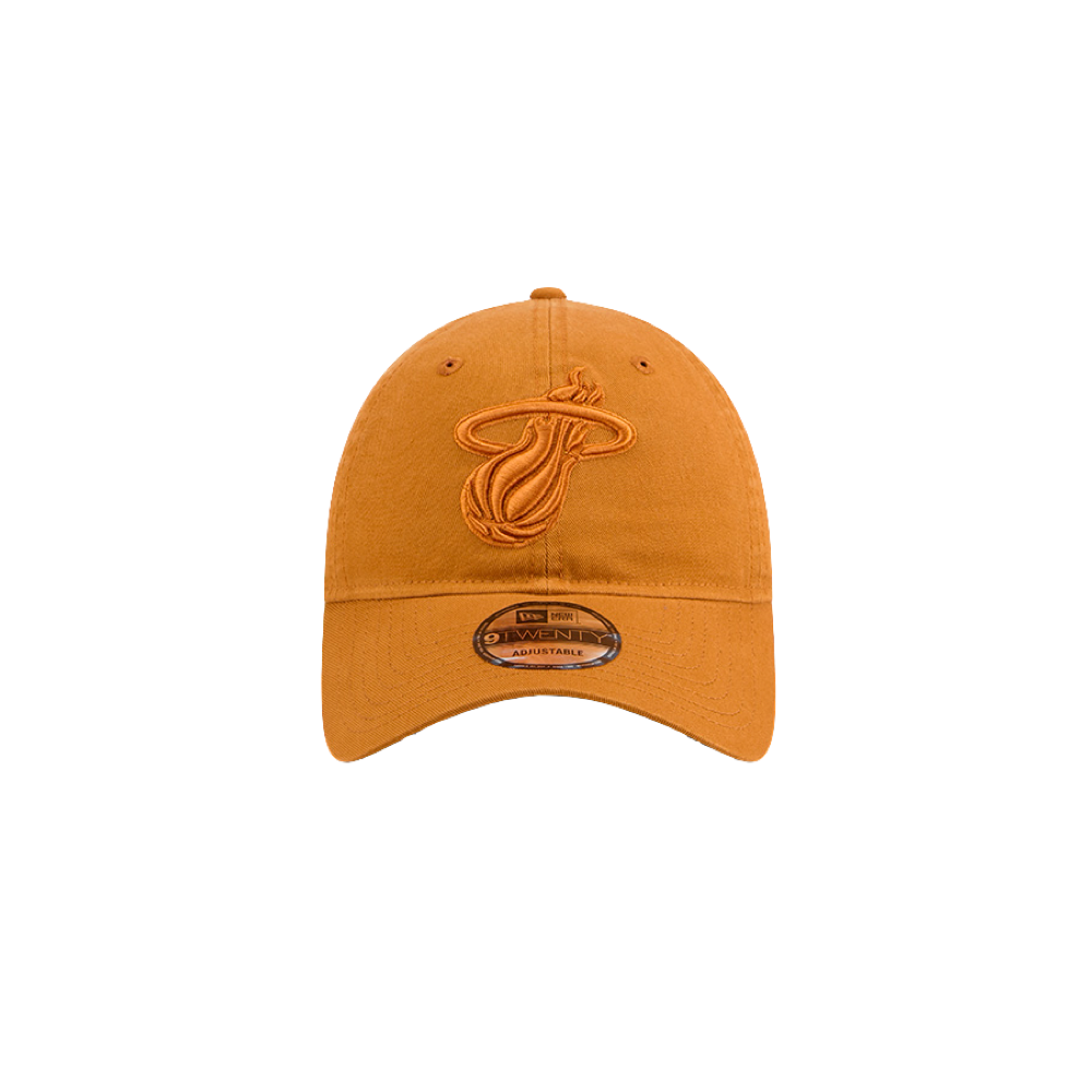Tan New Era dad hat with adjustable strap and raised Miami HEAT logo on front. - New Era Miami HEAT Adjustable Tan Dad Hat