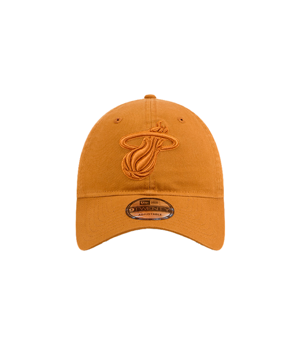 Tan New Era dad hat with adjustable strap and raised Miami HEAT logo on front. - New Era Miami HEAT Adjustable Tan Dad Hat