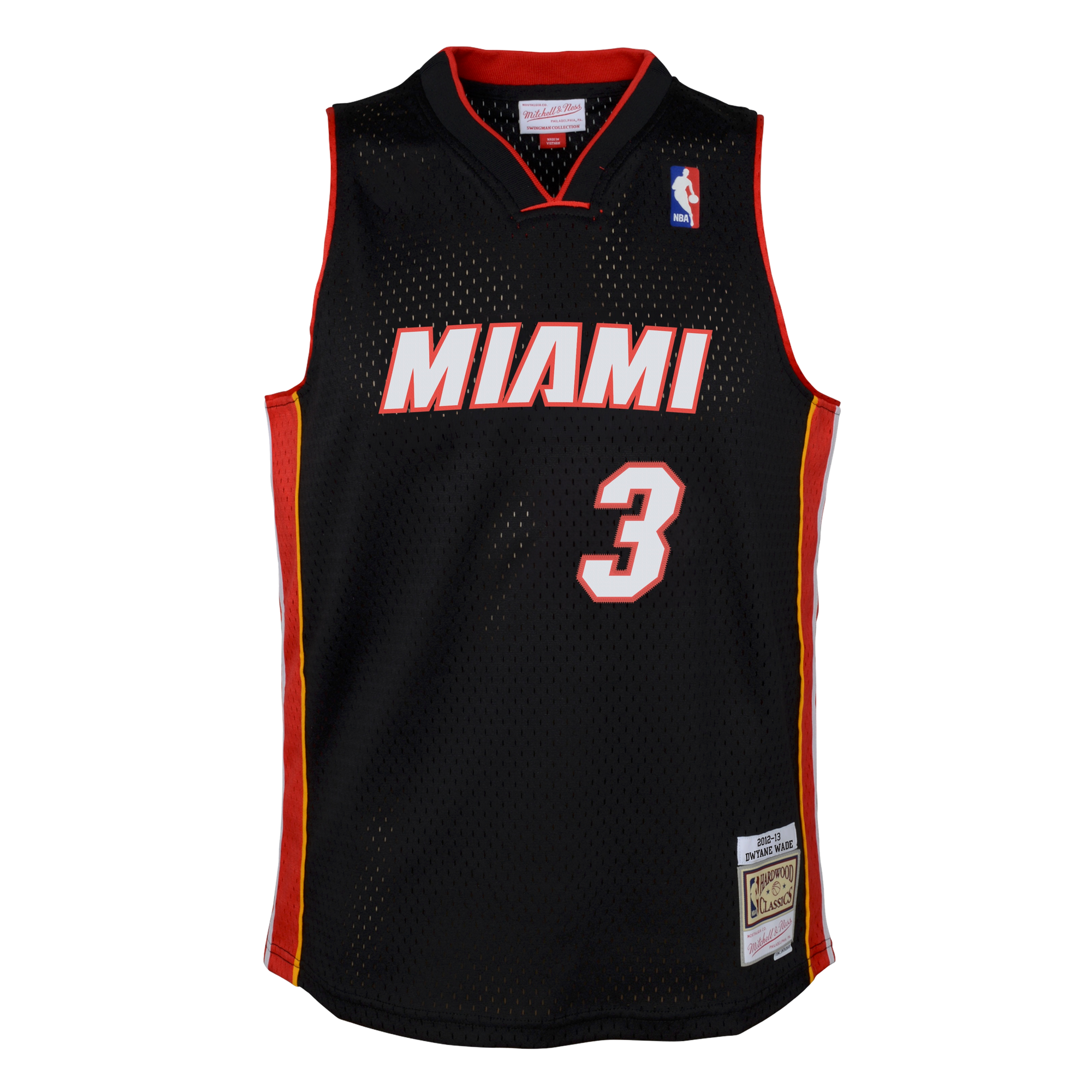 The Mitchell & Ness Dwyane Wade Miami HEAT 2012-13 Toddler Swingman Jersey features black fabric with red and yellow accents, “MIAMI” in bold letters, #3 on the front, and celebrates the HEAT’s NBA championship legacy.
