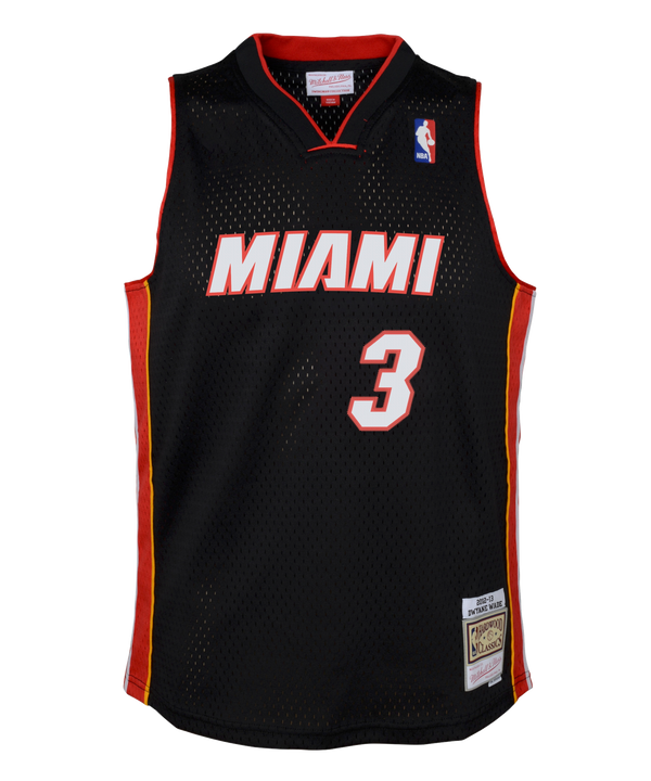 The Mitchell & Ness Dwyane Wade Miami HEAT 2012-13 Toddler Swingman Jersey features black fabric with red and yellow accents, “MIAMI” in bold letters, #3 on the front, and celebrates the HEAT’s NBA championship legacy.