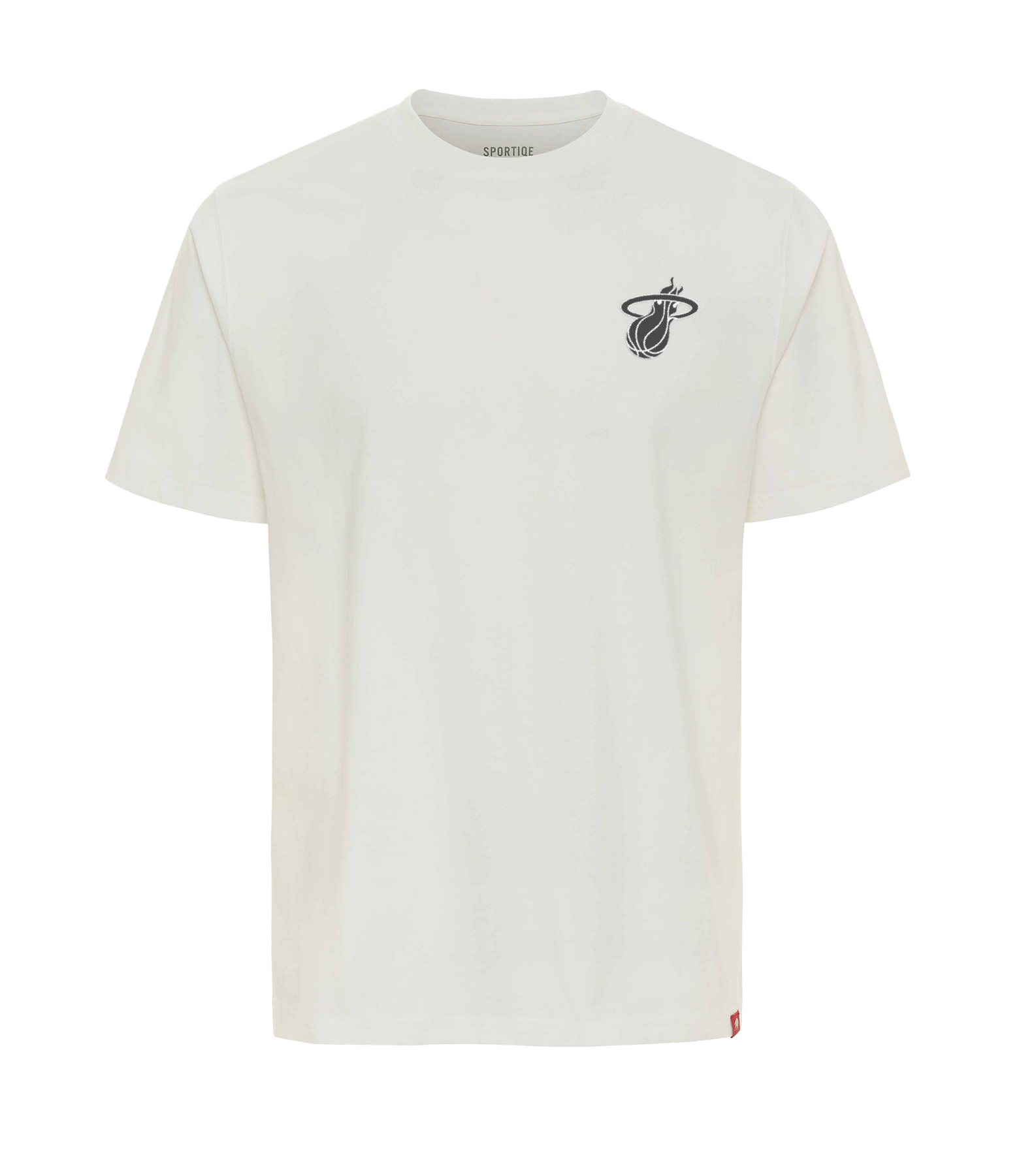 The Sportiqe Miami HEAT Basketball Duke Tee is a plain white, short-sleeve 100% cotton shirt with a small black Miami Heat logo on the left chest. Featuring a crew neck and standard fit, it’s comfortable and machine washable.