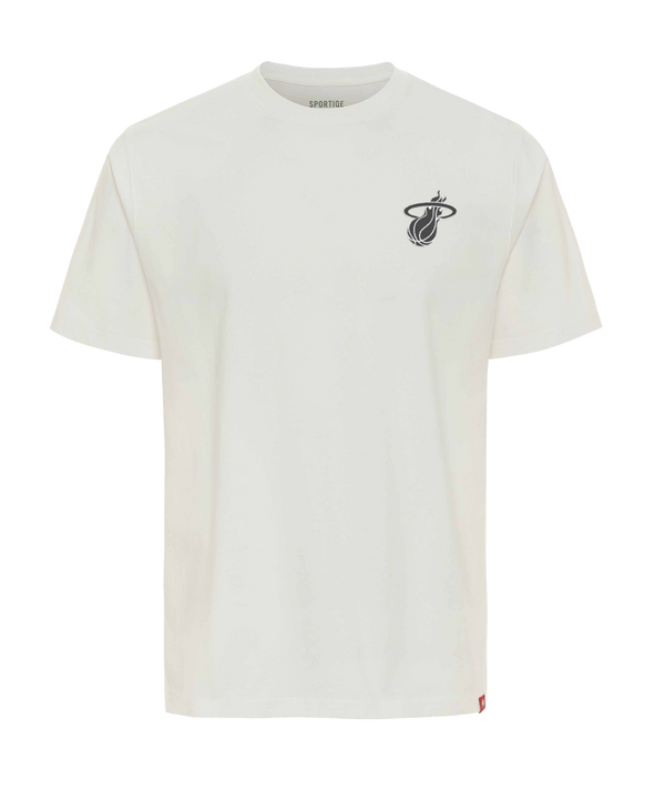 The Sportiqe Miami HEAT Basketball Duke Tee is a plain white, short-sleeve 100% cotton shirt with a small black Miami Heat logo on the left chest. Featuring a crew neck and standard fit, it’s comfortable and machine washable.