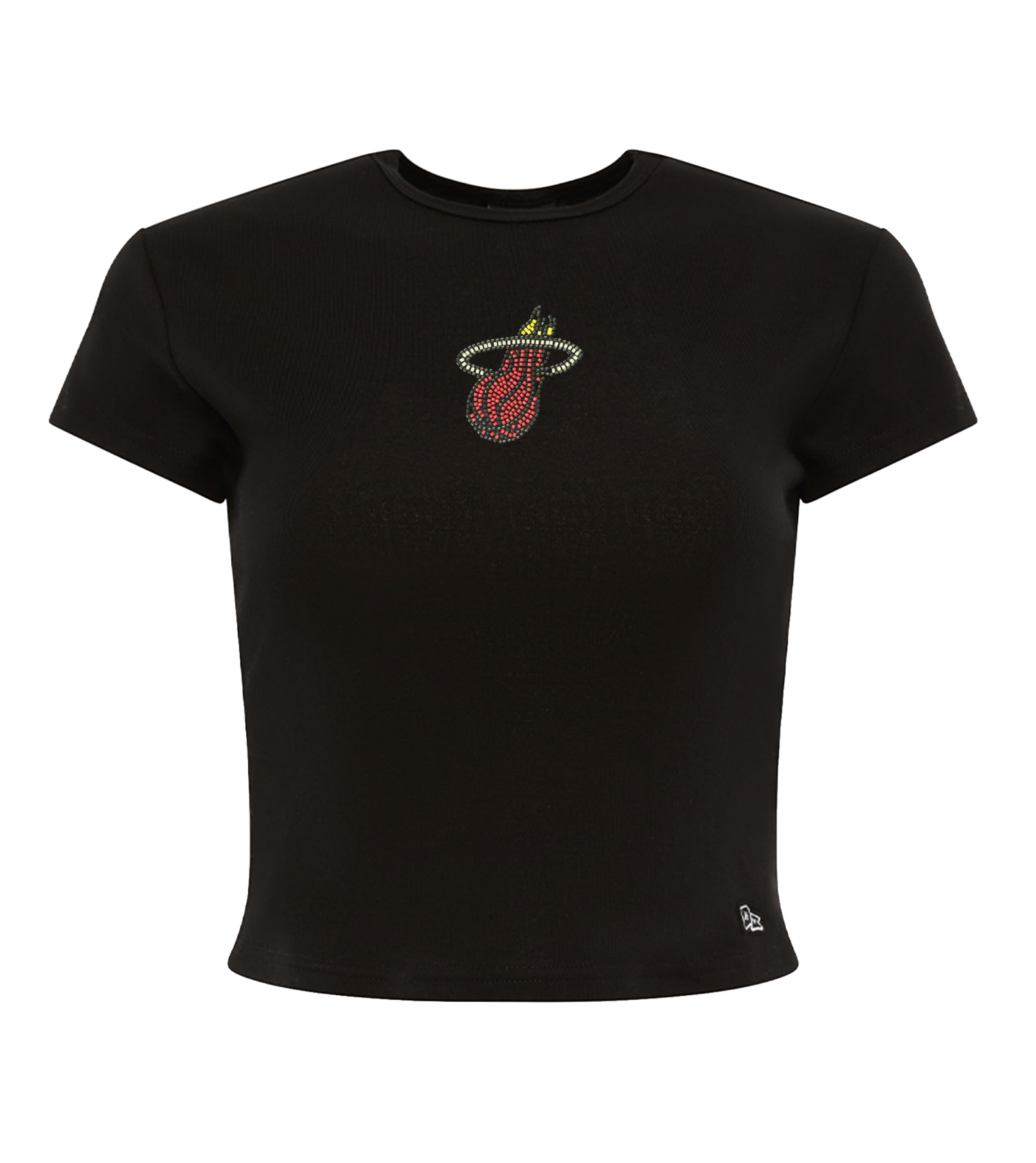 The Court Culture x Hype and Vice Beaded Logo Baby Tee by Court Culture is a black, short-sleeve cropped top featuring the Miami Heat logo crafted from sparkling rhinestones in red and yellow on the chest. Made from soft, machine-washable cotton spandex fabric, this stylish baby tee offers both comfort and flair for Heat fans.