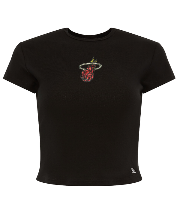 The Court Culture x Hype and Vice Beaded Logo Baby Tee by Court Culture is a black, short-sleeve cropped top featuring the Miami Heat logo crafted from sparkling rhinestones in red and yellow on the chest. Made from soft, machine-washable cotton spandex fabric, this stylish baby tee offers both comfort and flair for Heat fans.