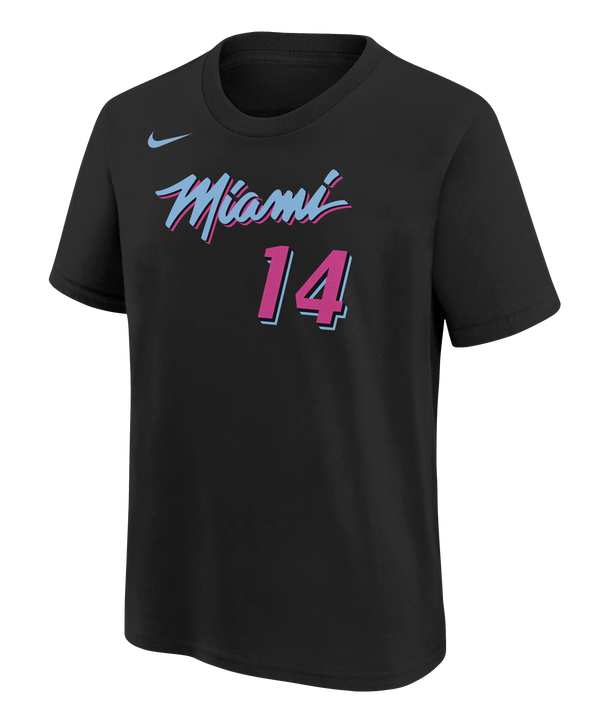 The Nike Tyler Herro Original Vice Nights Youth Tee is a black, standard fit cotton t-shirt with “Miami” in pink and blue script, the number 14 below, and a small blue Nike logo. Machine washable for easy care.