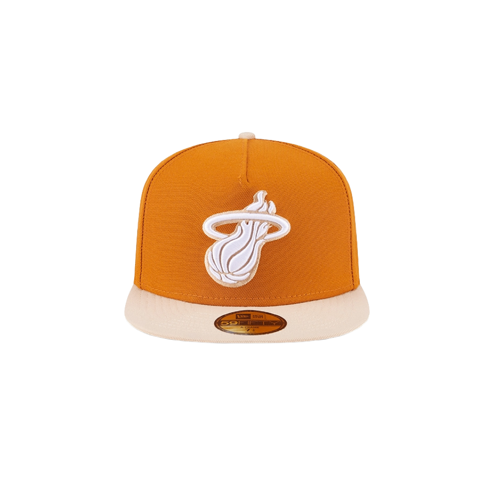 Miami HEAT fitted hat with brown crown and beige flat brim, white embroidered logo front. - New Era Miami HEAT Brown 2-Tone Fitted Hat