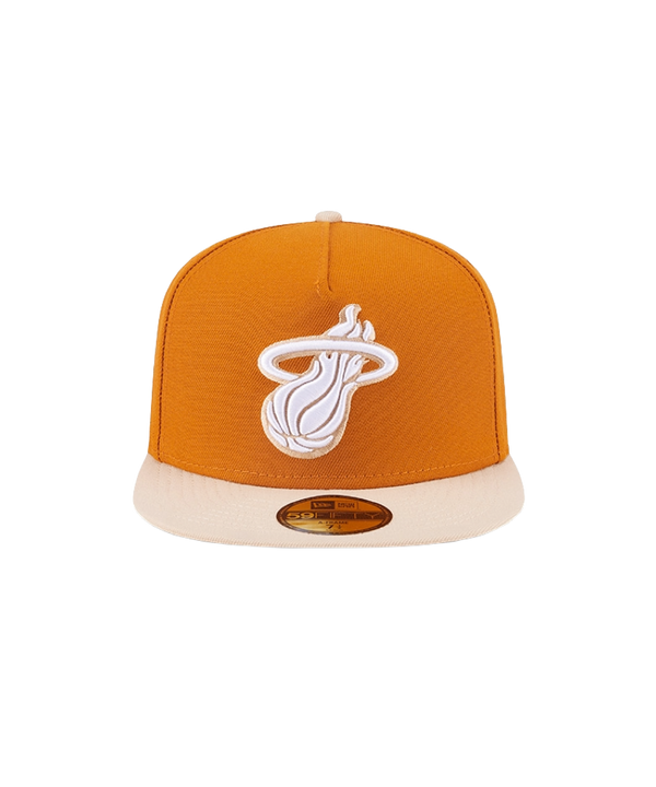 Miami HEAT fitted hat with brown crown and beige flat brim, white embroidered logo front. - New Era Miami HEAT Brown 2-Tone Fitted Hat