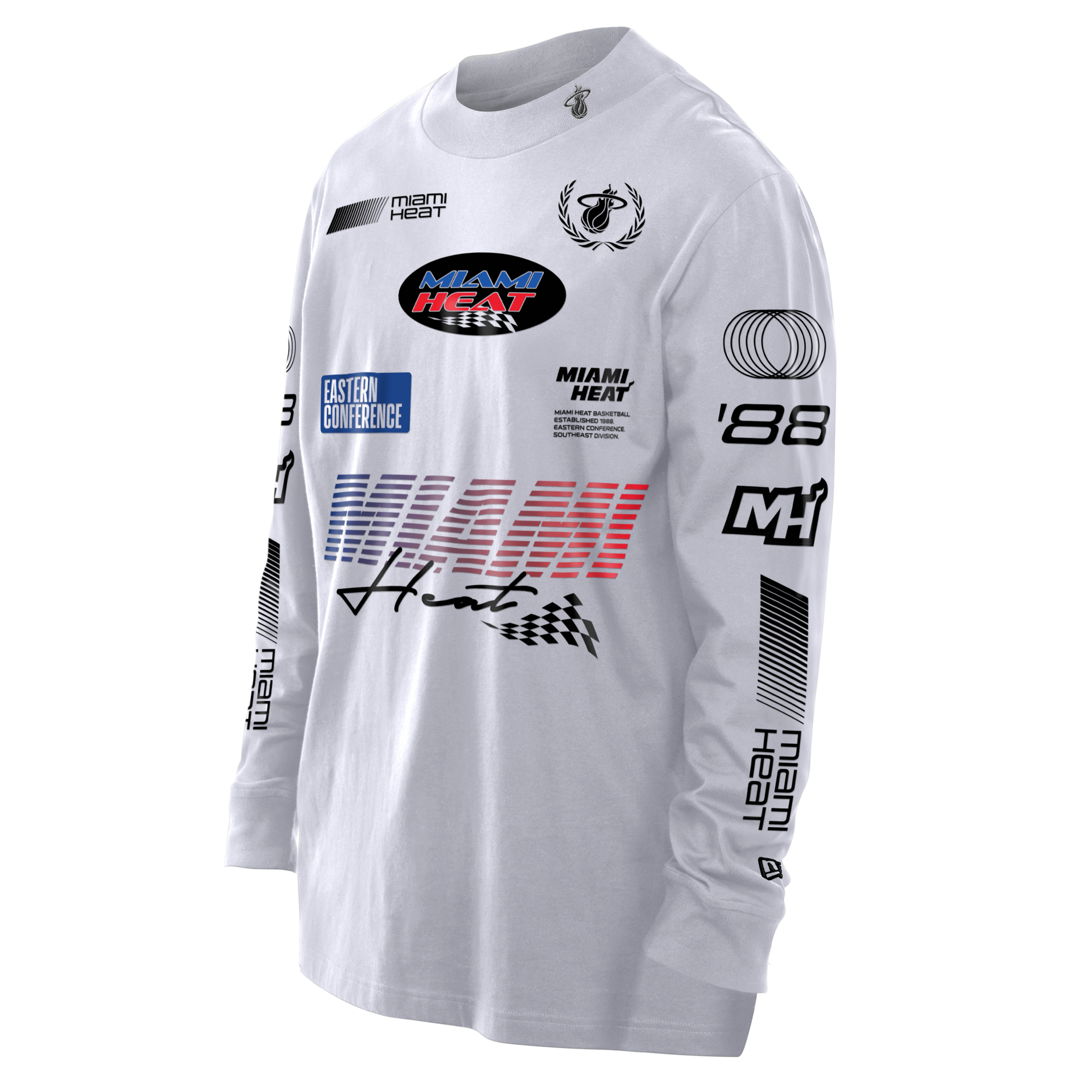 White long-sleeve t-shirt with Miami HEAT logos and racing-inspired graphic prints. - New Era Miami HEAT Race Mock Tee