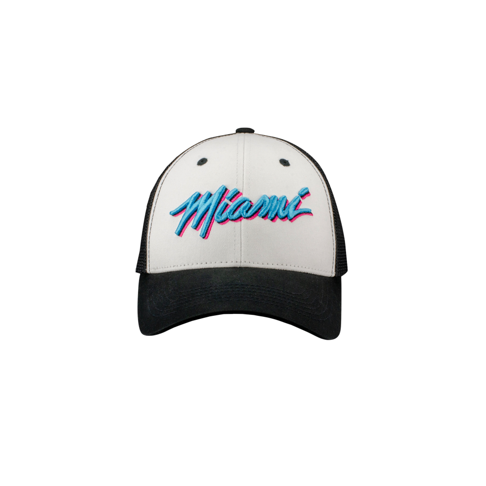 The Miami HEAT Original Vice Nights Wordmark Trucker Snapback by Item Of The Game is a white and black cotton-polyester hat with 