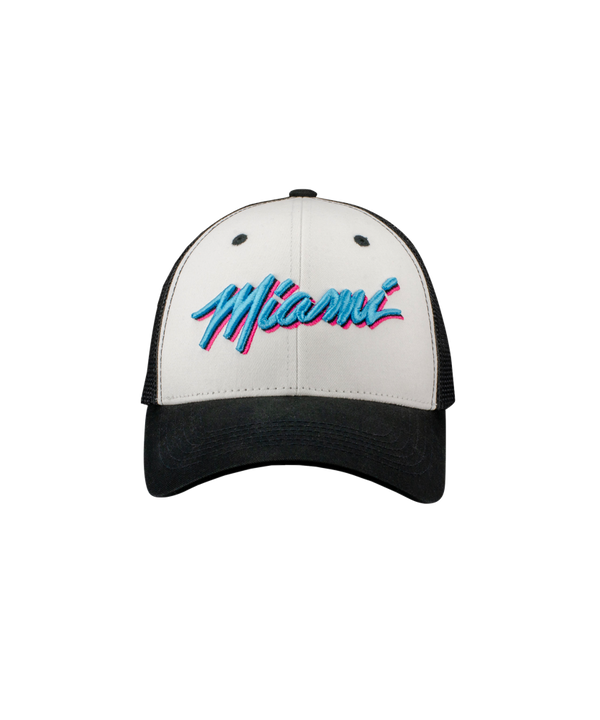The Miami HEAT Original Vice Nights Wordmark Trucker Snapback by Item Of The Game is a white and black cotton-polyester hat with 