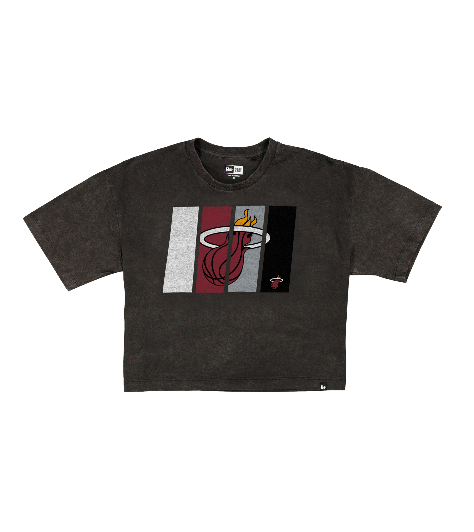 The New Era Miami HEAT Washed Women's Cropped Tee is a black cotton short-sleeve crop top with the Miami Heat logo on the chest and three vertical stripes in gray, maroon, and black. Machine wash cold for best care.
