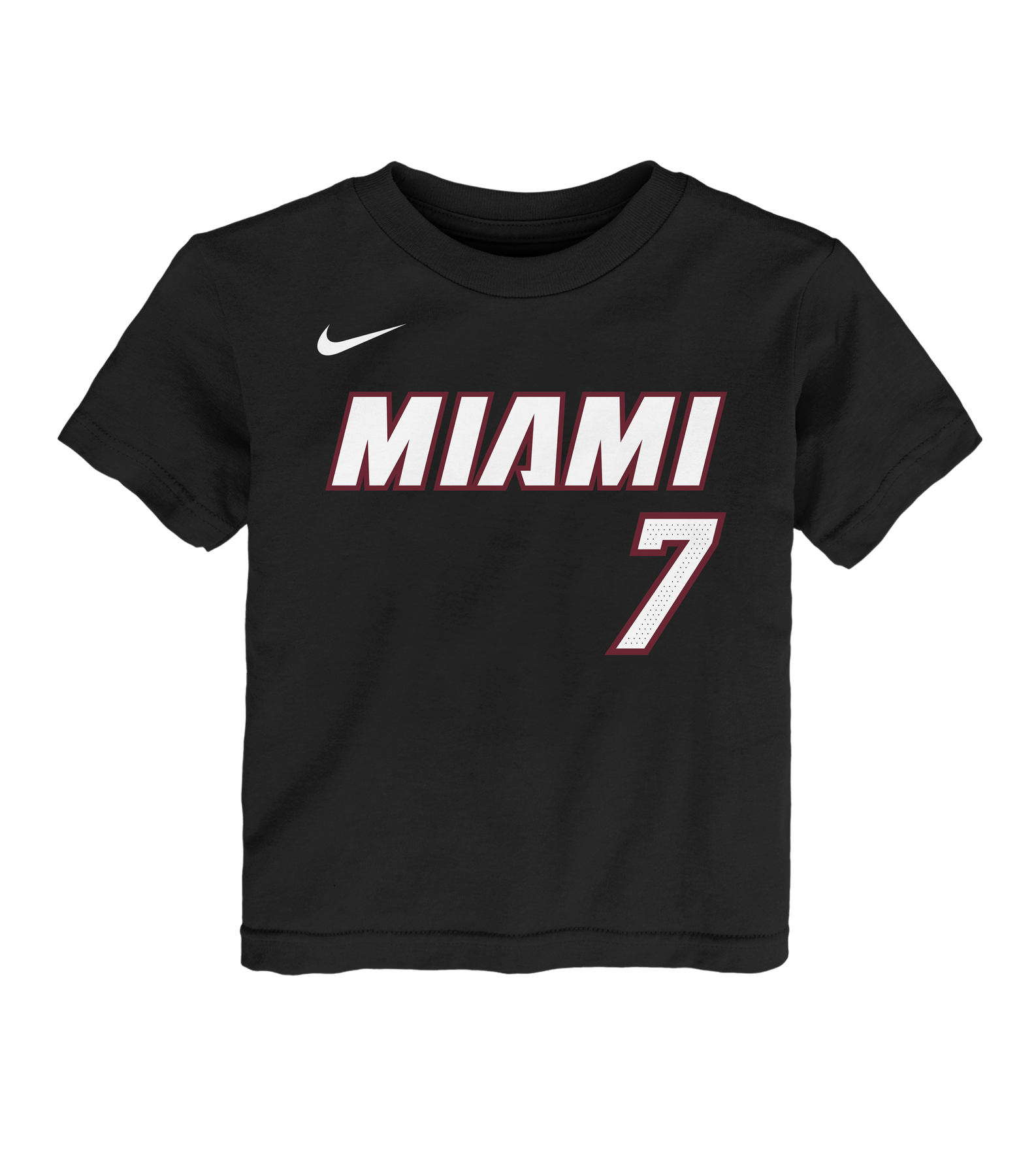 Introduce your toddler to standout basketball style with the Giannis Antetokounmpo Nike Miami HEAT Icon Black Name & Number Toddler Tee. This classic black Nike t-shirt showcases bold white and red “MIAMI” lettering and features the number 7 on the front. Crafted from 100% cotton for a standard fit and everyday comfort, it’s easy to care for with machine wash cold instructions.