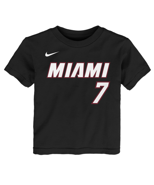Introduce your toddler to standout basketball style with the Giannis Antetokounmpo Nike Miami HEAT Icon Black Name & Number Toddler Tee. This classic black Nike t-shirt showcases bold white and red “MIAMI” lettering and features the number 7 on the front. Crafted from 100% cotton for a standard fit and everyday comfort, it’s easy to care for with machine wash cold instructions.
