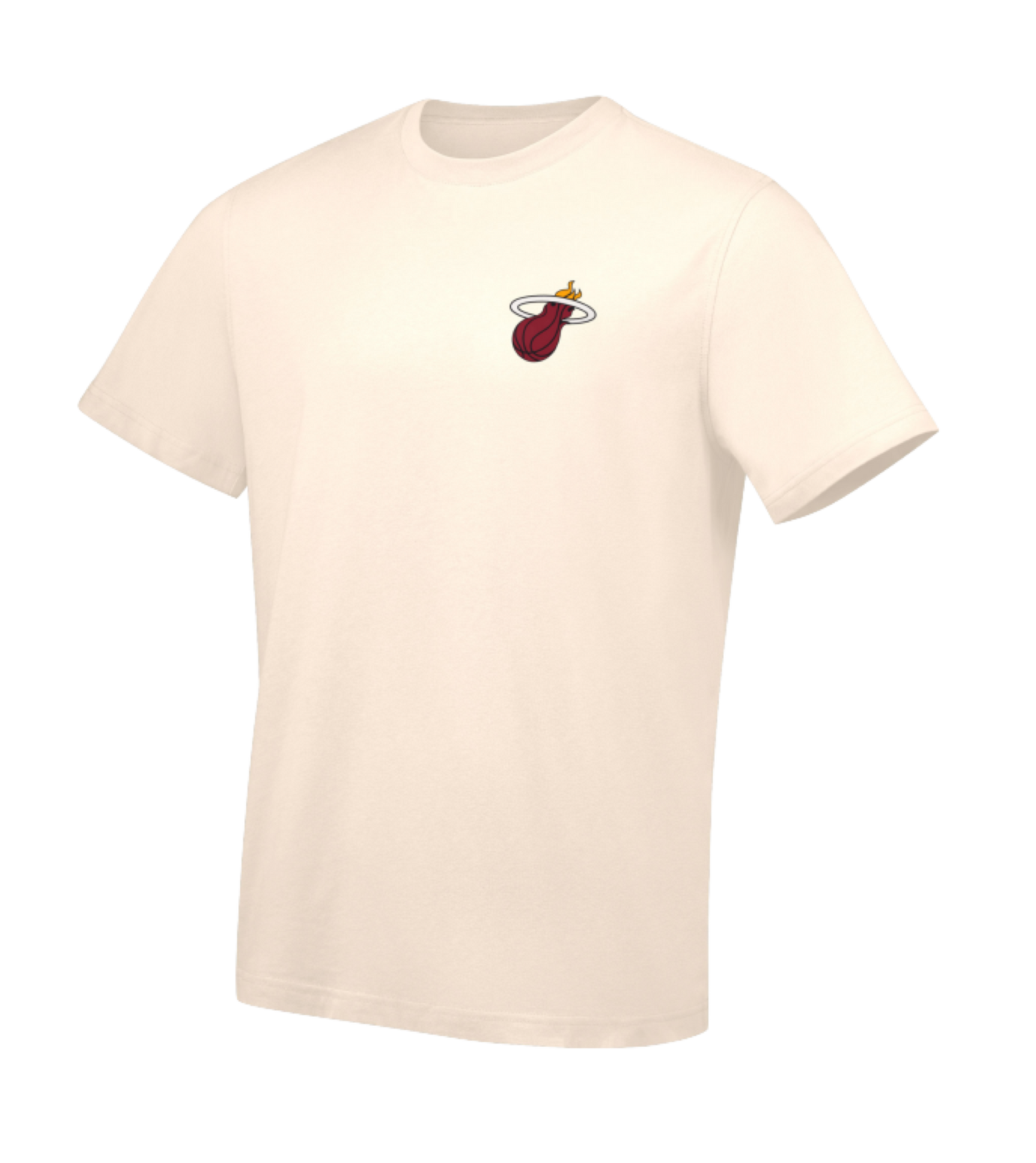 The G-III Sports Miami HEAT Margaritaville Tee is a standard fit off-white short-sleeve t-shirt with a small Miami Heat logo on the left chest, made from a cotton-polyester blend. Machine wash cold recommended.