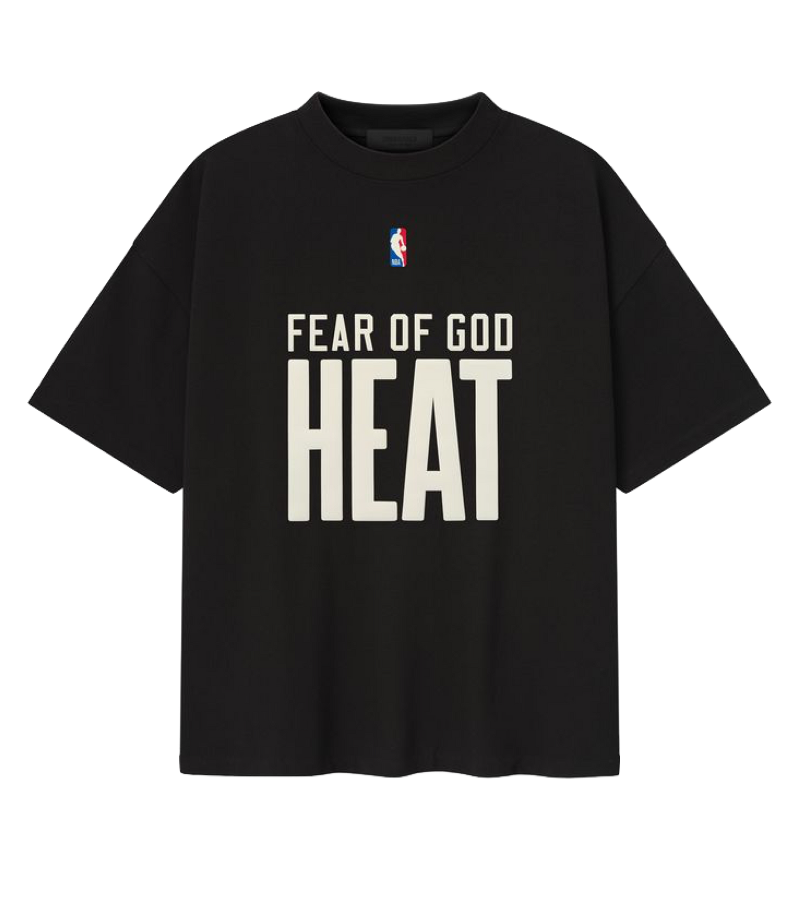 The Essentials Miami HEAT Fear of God Tee by Fear Of God is a black 90s-style oversized cotton jersey featuring the NBA logo and bold white FEAR OF GOD HEAT lettering on the front.