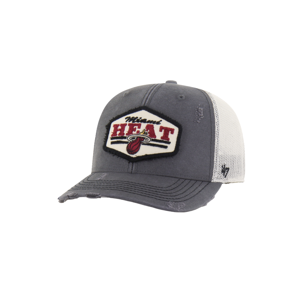 The '47 Brand Miami HEAT Salvage Trucker Snapback features a gray and white design with a cotton front, mesh polyester back, and a Miami Heat patch logo. Adjustable; one size fits most.