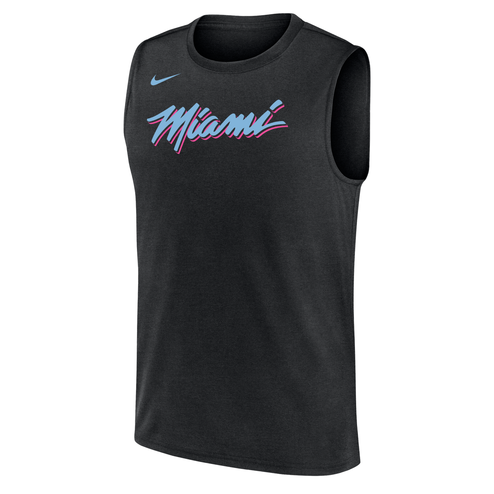 The Nike Miami HEAT Original Vice Nights Sleeveless Tee is a black polyester standard-fit shirt, featuring 