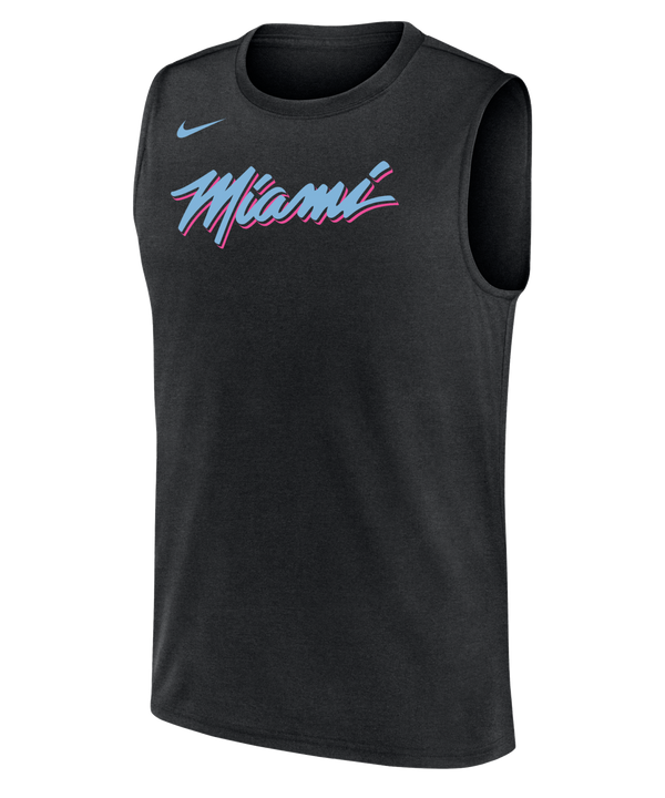 The Nike Miami HEAT Original Vice Nights Sleeveless Tee is a black polyester standard-fit shirt, featuring 