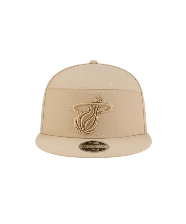 The New Era Miami HEAT Tan Youth Snapback is a beige polyester hat with a flat brim and an embroidered team logo on the front. It's one size fits most, easy to spot clean, and displayed against a plain white background.