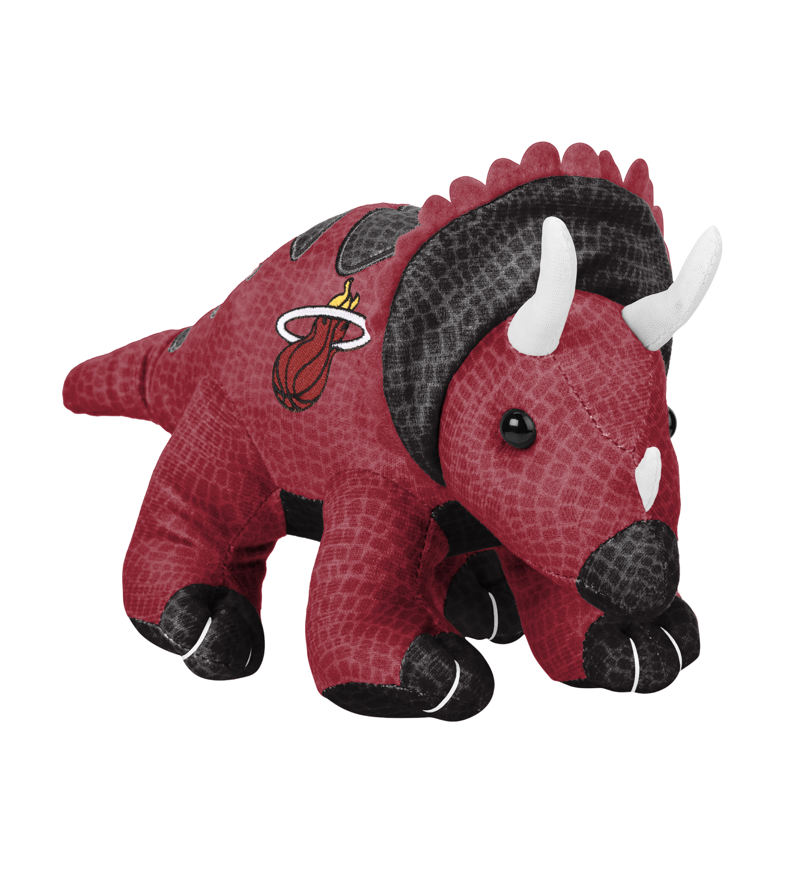 The Forever Collectibles Miami HEAT Triceratops Plushie is a 10-inch red and black polyester dinosaur toy with white horns, a team logo on its side, and is surface washable for easy care.